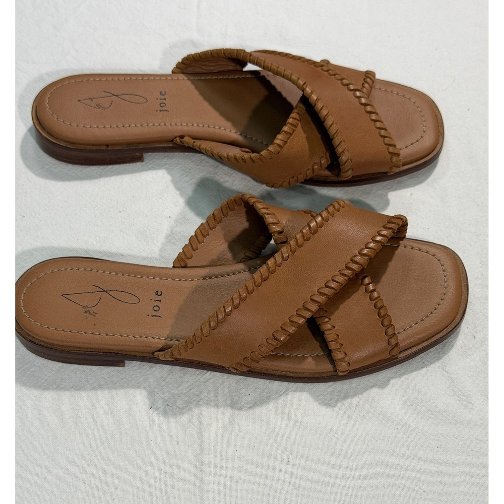 Joie Tan Leather Slide Sandals Womens 8 Cognac Whipstitch Flat Mules - Picture 8 of 8